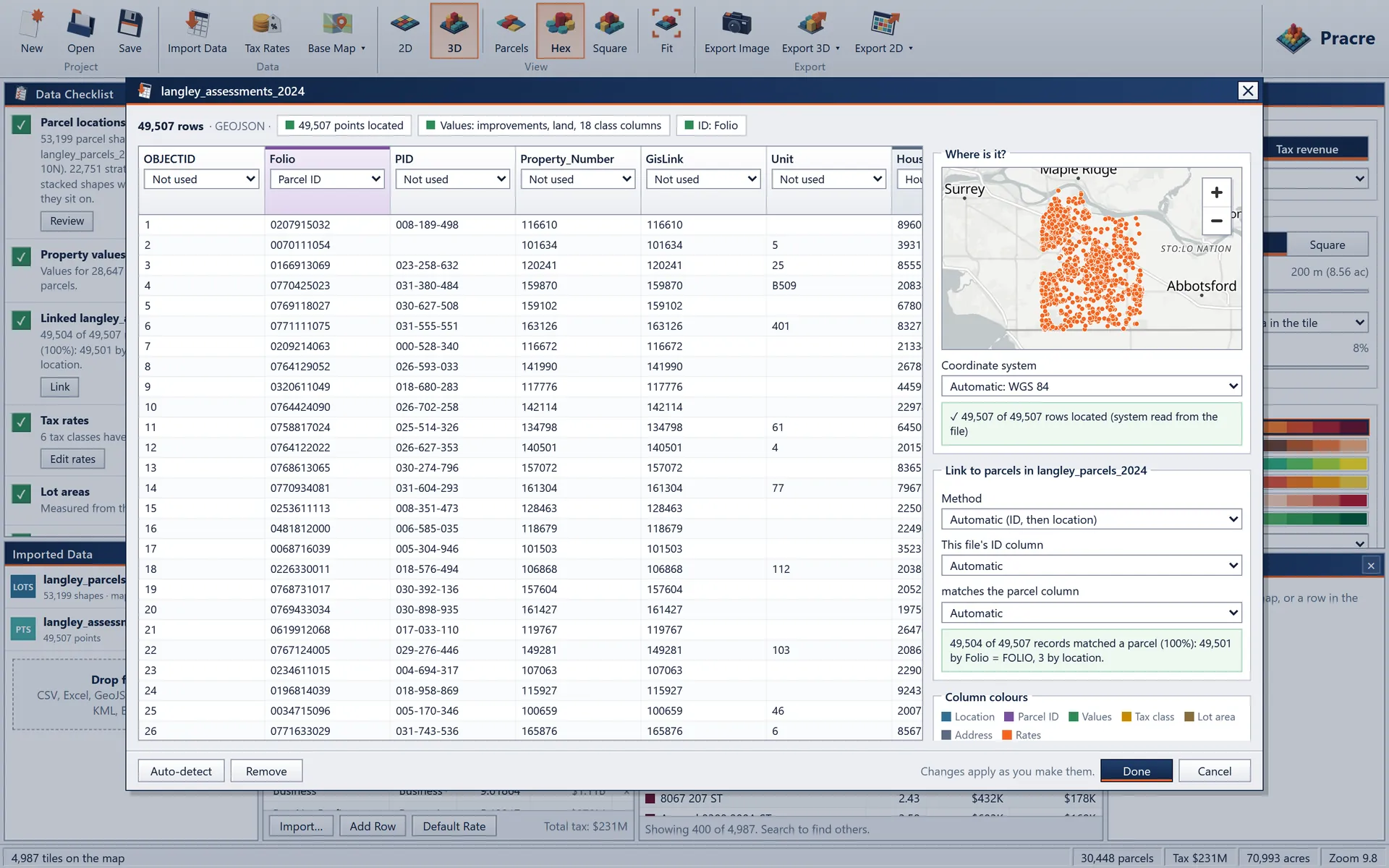 The import window for an assessment table, linked to the parcels by folio with 49,504 of 49,507 records matched