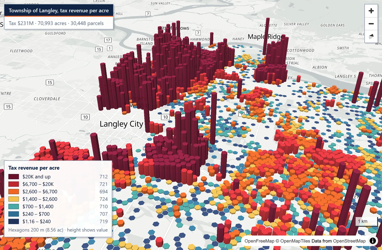 Tax revenue per acre in the Township of Langley as 3D hexagons