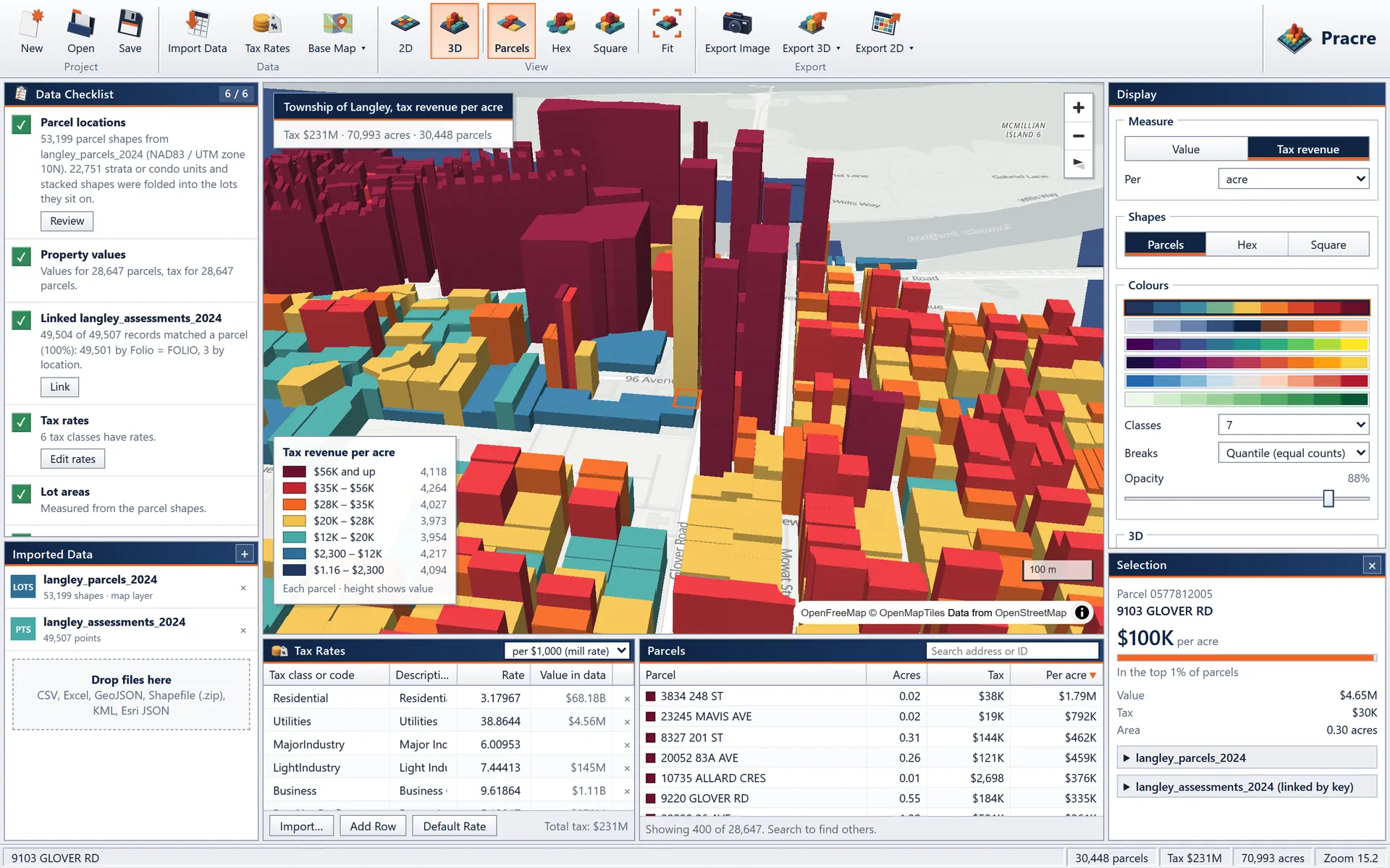 Parcels along Glover Road in Fort Langley in 3D, with one parcel selected